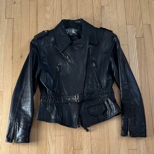 Vintage 90s 80s PCFL genuine black leather women belted moto jacket small